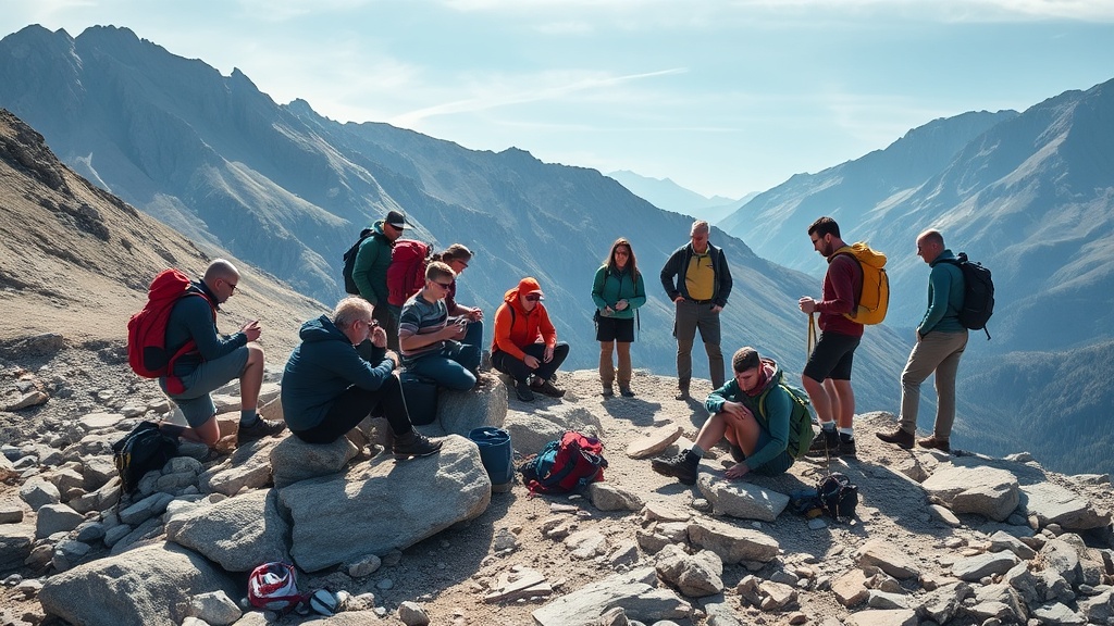 단체 등산객이 휴식 구간에서 함께 모여 상태를 확인하는 모습