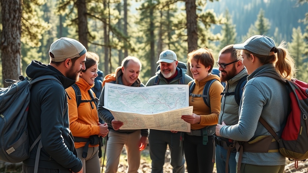 단체 등산객이 지도를 펼쳐놓고 경로를 확인하는 장면
