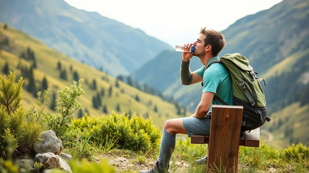 산행 중 벤치에 앉아 물을 마시며 휴식하는 등산객