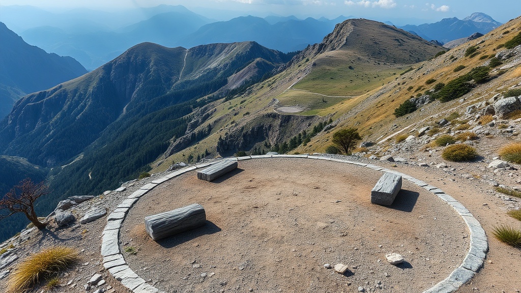 산악 등산로 중간에 위치한 평평한 휴식 공간의 구조